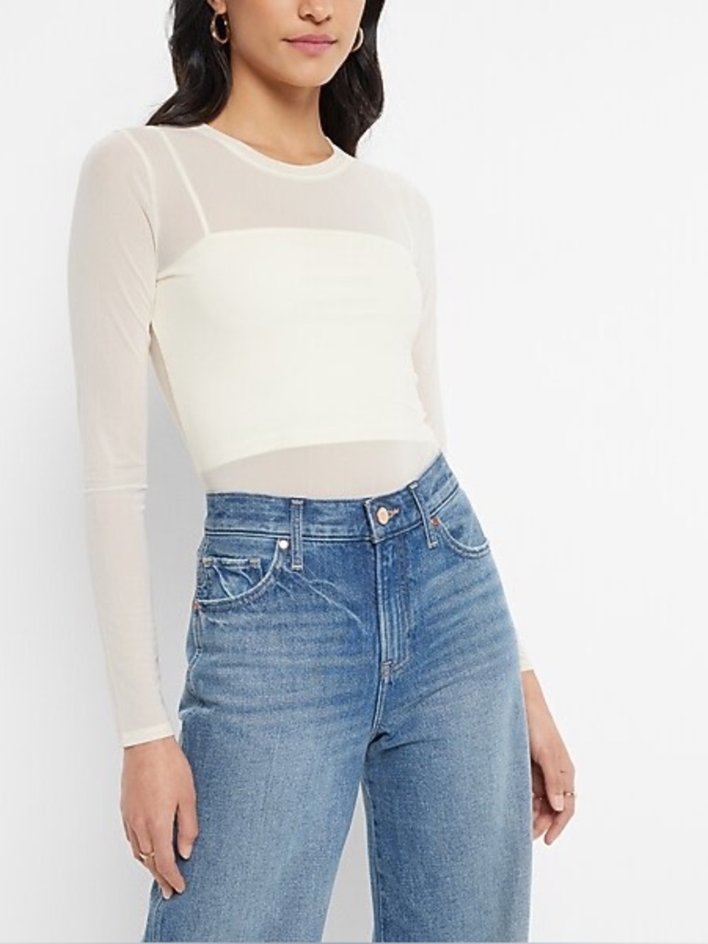 NWT Express Mesh Crew Neck Long Sleeve Bodysuit - Cream